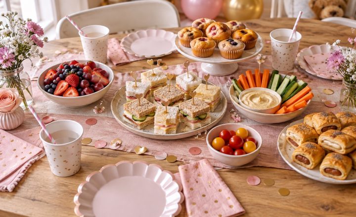 Детский праздничный стол с закусками, фруктами и напитками