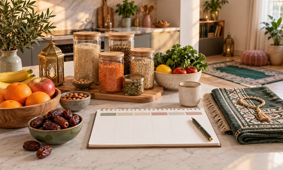 Спокойная подготовка дома к Рамадану с календарем, продуктами и молитвенным ковриком
