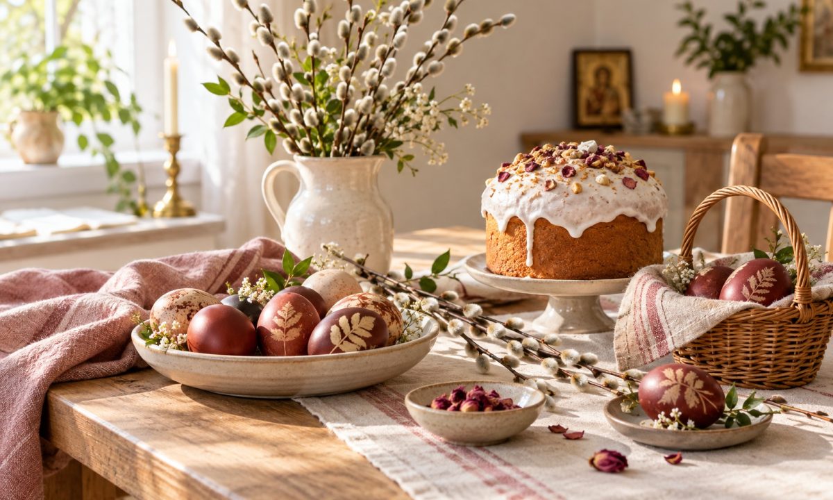 Домашняя подготовка к Пасхе с куличом, яйцами и ветвями вербы