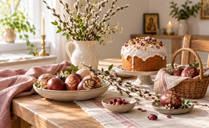 Домашняя подготовка к Пасхе с куличом, яйцами и ветвями вербы