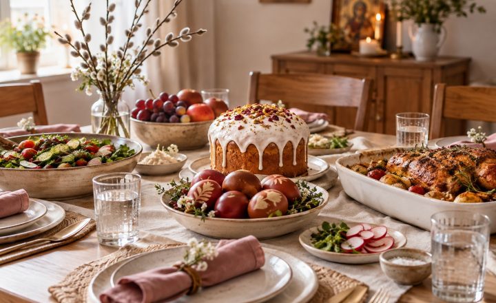 Пасхальный стол с куличом, яйцами, салатом и горячим блюдом